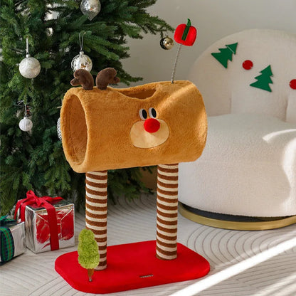 Christmas train-shaped cat climbing frame with cozy nest and platforms for play