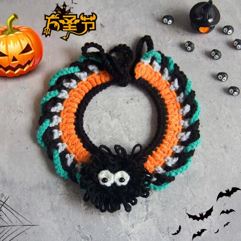 Hand-knit Halloween pet collar bib featuring ghost designs, perfect for dressing up cats and dogs during the spooky season.