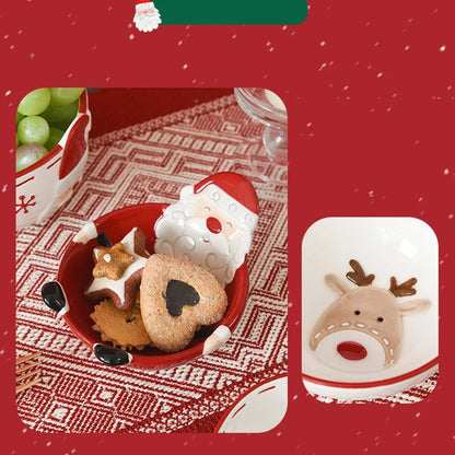 Christmas-themed ceramic pet bowl with Santa Claus, elk, and tree designs, perfect for food or water
