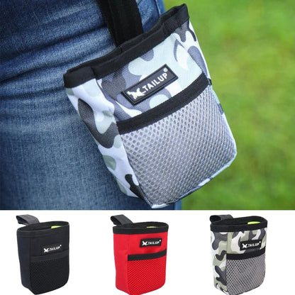 Hands-free dog training treat bag with waist belt and secure clasp for outdoor training