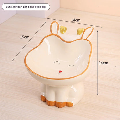 Cute ceramic cartoon pet bowl elevated for cats and small dogs.