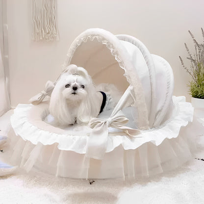 Luxury Princess Dog Bed with Lace Canopy for Small Dogs – Soft Washable Indoor Pet Cradle