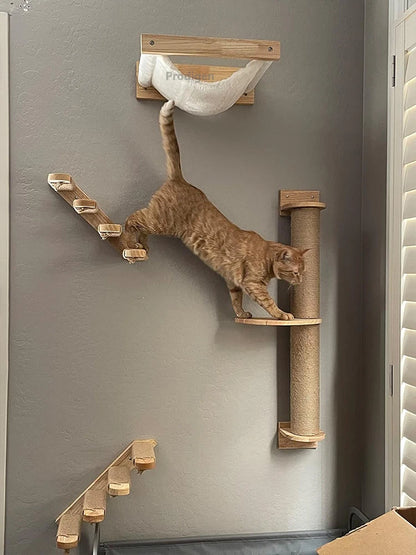 Wall-mounted cat shelf with sisal scratching posts and multi-level steps