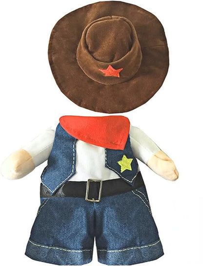 Pet dressed in a denim cowboy jacket and cowboy hat for Halloween or costume parties