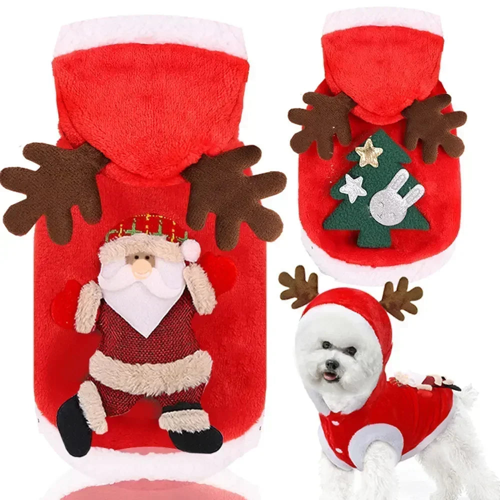 Christmas-themed flannel hoodie for cats and dogs, featuring festive Santa and elk designs for winter warmth and style.