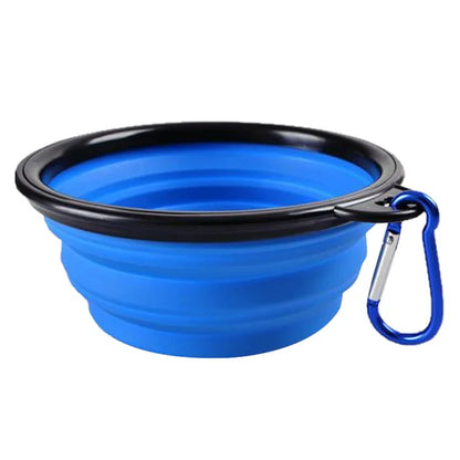 Collapsible silicone dog bowl for travel, camping, and hiking, lightweight and portable for outdoor pet feeding.