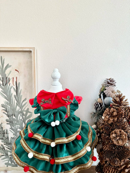 Cute and cozy Christmas princess dress for small dogs with bow and ruffled skirt