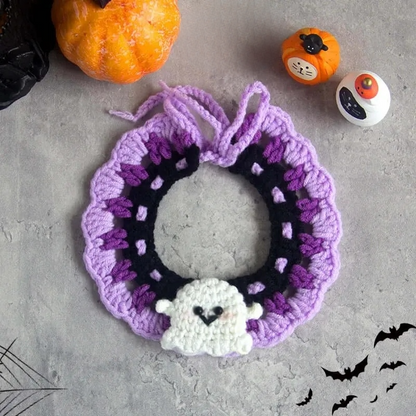 Hand-knit Halloween Pet Collar Bib for cats and dogs, perfect for adding a spooky touch to Halloween costumes.