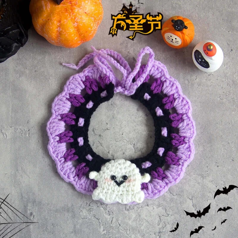 Hand-knit Halloween pet collar bib featuring ghost designs, perfect for dressing up cats and dogs during the spooky season.