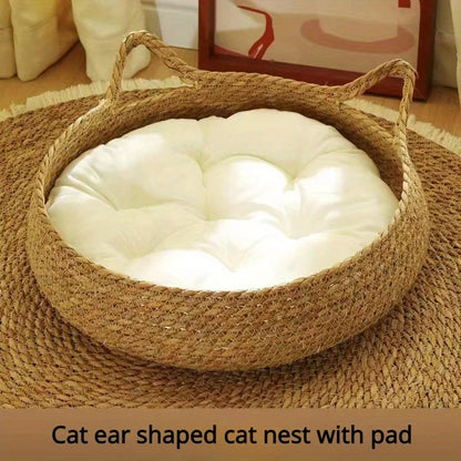 Handmade vine woven cat nest with detachable warmth pad for year-round comfort