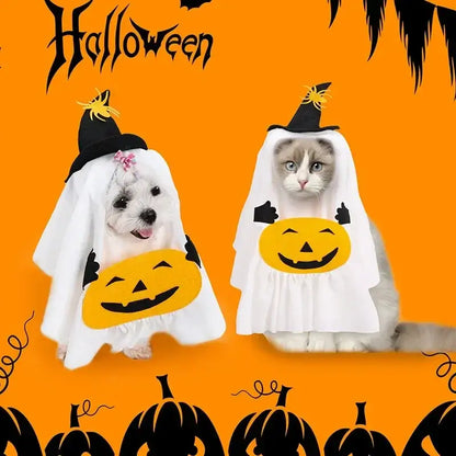 Halloween ghost costume for cats and dogs with pumpkin pocket and funny hat, perfect for spooky celebrations.