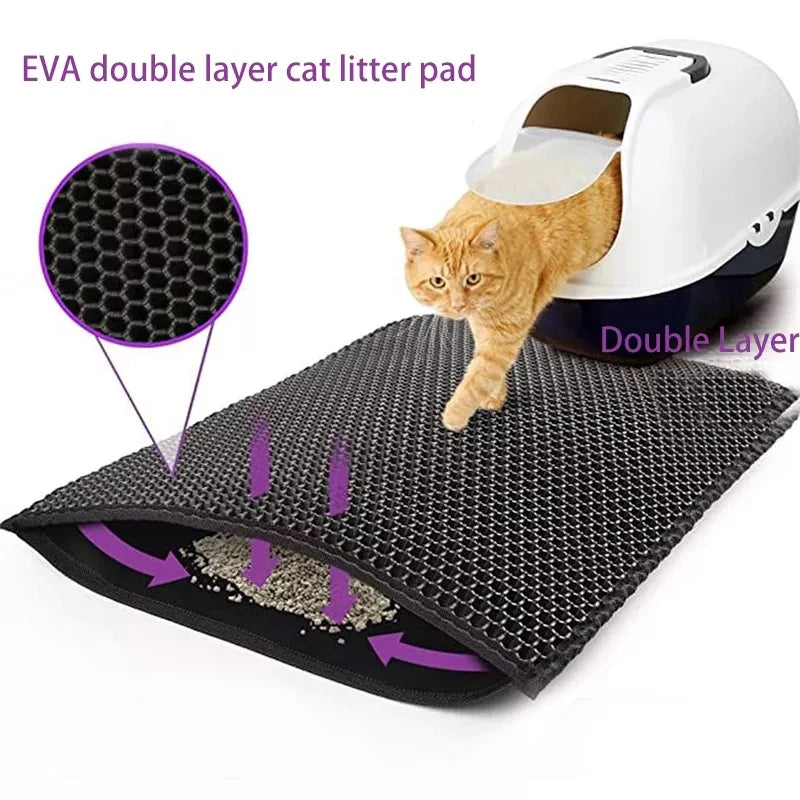 Double layer EVA cat litter mat with waterproof bottom, non-slip surface, and hexagonal holes for litter capture, ideal for maintaining a clean pet area.