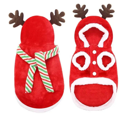 Christmas flannel hoodie with Santa and reindeer design for cats and small dogs