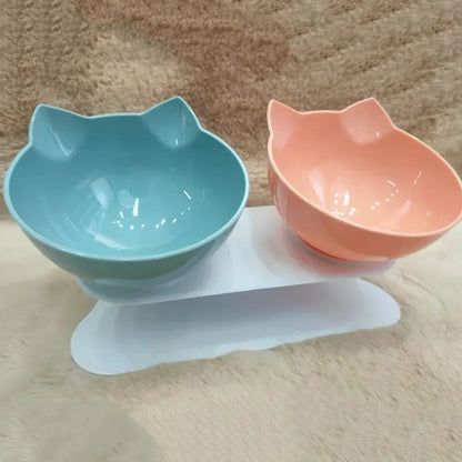 Elevated non-slip cat bowl set with angled dual bowls for food and water