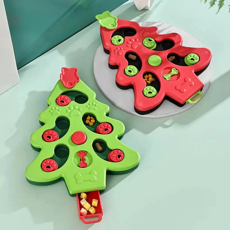 Christmas tree-shaped slow feeder bowl for cats and dogs, interactive puzzle design with a non-slip base.