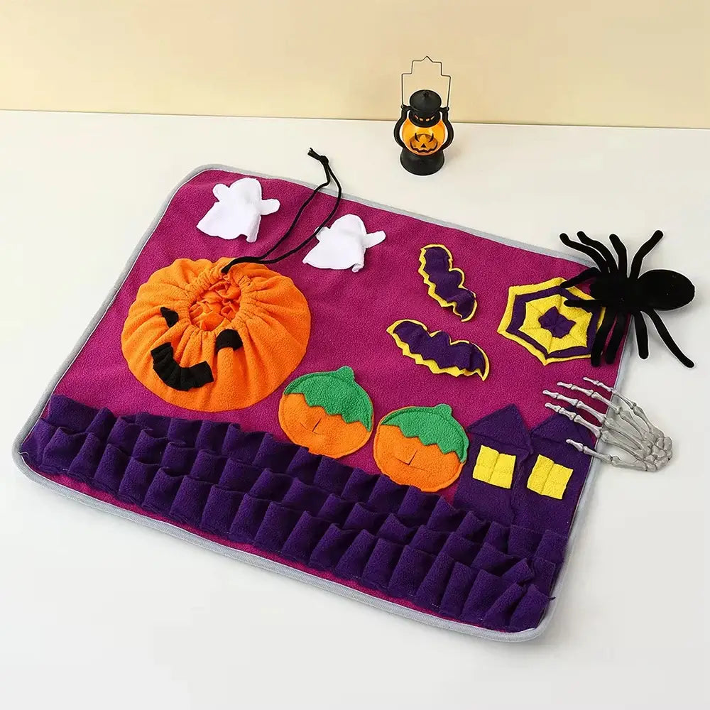 Pet Snuffle Mat for Cats and Dogs - Halloween Pumpkin Feeding Mat for Slow Feeding and Interactive Play.