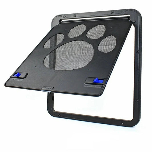 Pet door with magnetic safety lock, anti-bite design, and decorative paw prints for cats and small dogs, ideal for screen doors.