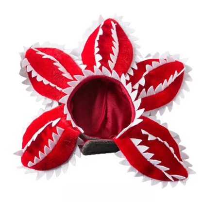 Cat wearing a scary flower Demogorgon cosplay hat for Halloween or costume party