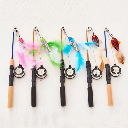 Telescopic cat teaser wand with fish-shaped feather toy