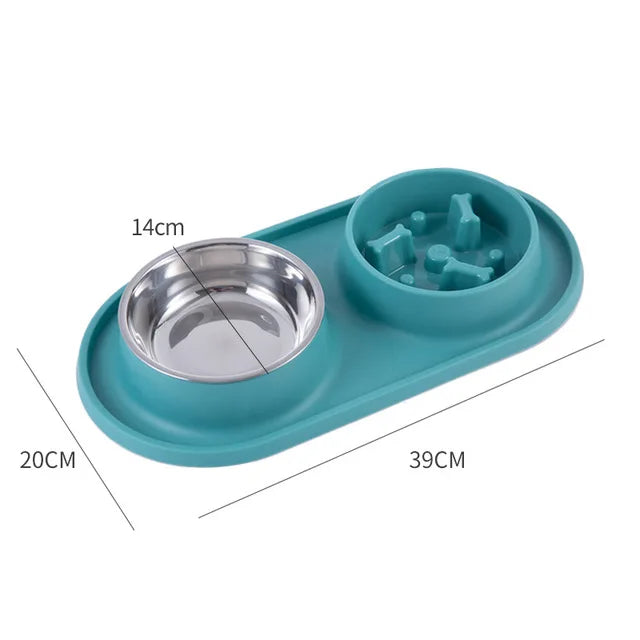 Dual dog and cat feeding bowl with anti-choking design, stainless steel bowls, and non-slip silicone mat for convenient feeding