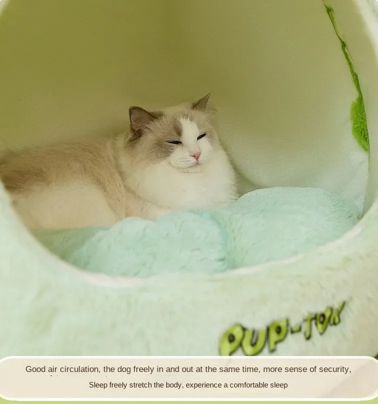 Plush semi-closed cat nest for warmth in winter, suitable for cats and small dogs.