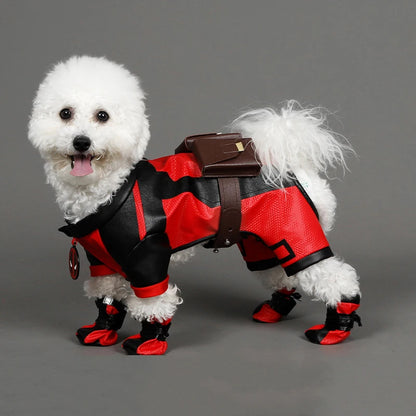 Pet dressed in Hot Movie Deadpool Cosplay Costume, a fun Dogpool outfit for Halloween and parties