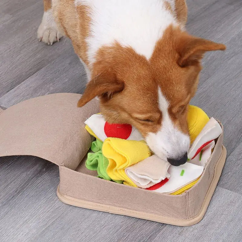 Pizza box-shaped interactive snuffle toy for dogs, perfect for nose work training and slow feeding