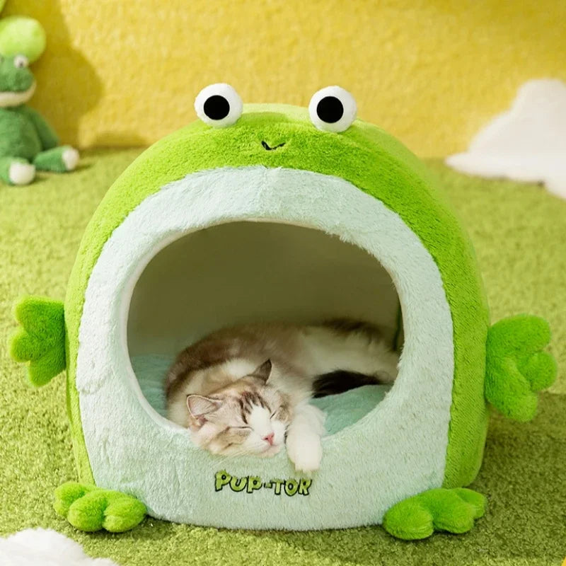 Plush semi-closed cat nest for warmth in winter, suitable for cats and small dogs.