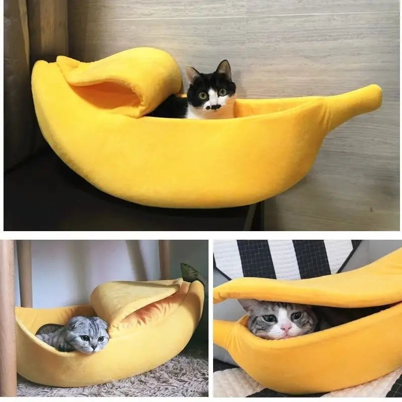 Large banana-shaped cat bed for warmth and comfort, ideal for cats and small dogs.