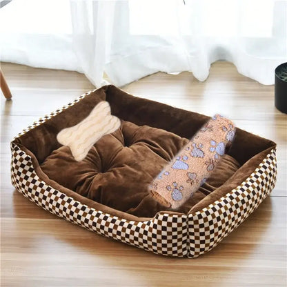 Bone-shaped soft cotton dog bed, washable and breathable with warm padding, designed for year-round comfort and suitable for dogs of all sizes.