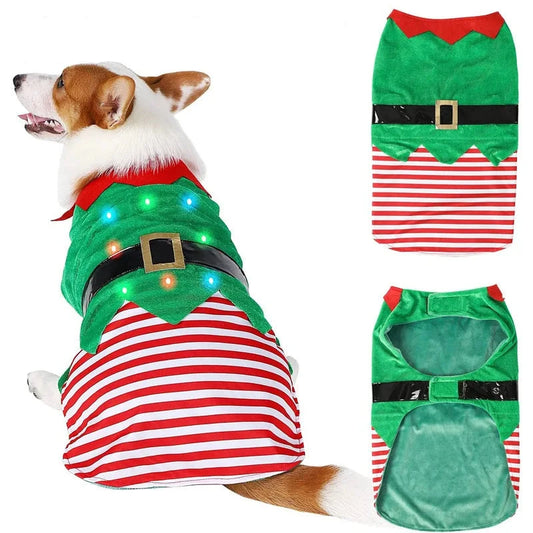 Santa Claus and green elf striped pet costume vest for dogs, perfect for Christmas and Halloween celebrations.