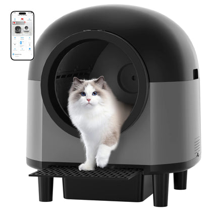 App-controlled automatic cat litter box with enclosed, low-noise design