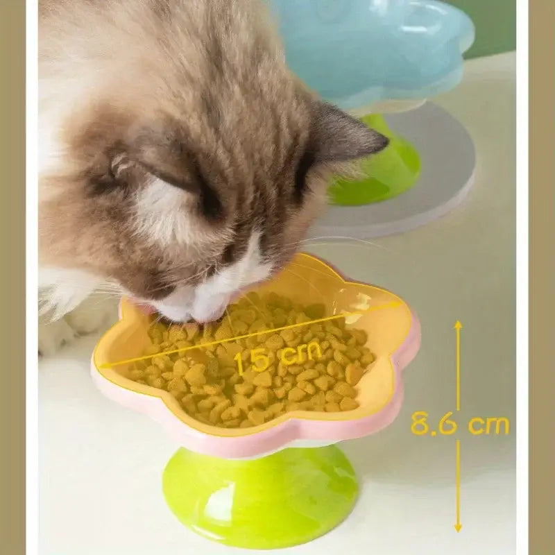 Ceramic raised cat bowl with flower design, ergonomic elevated dish for food and water, ensuring neck protection and comfort during mealtime.