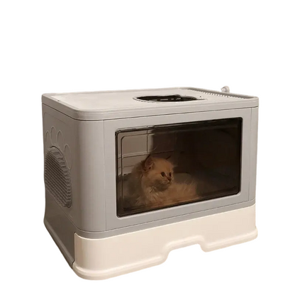 Square full closed cat litter box with large enclosed design, anti-splash walls, and pull-out drawer for easy cleaning and odor control.