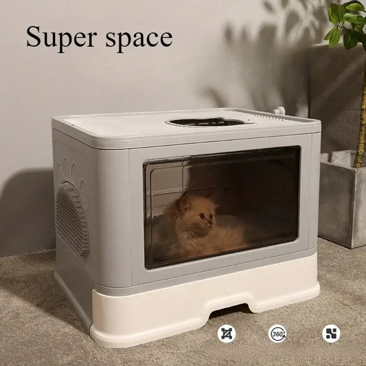 Square full closed cat litter box with large enclosed design, anti-splash walls, and pull-out drawer for easy cleaning and odor control.