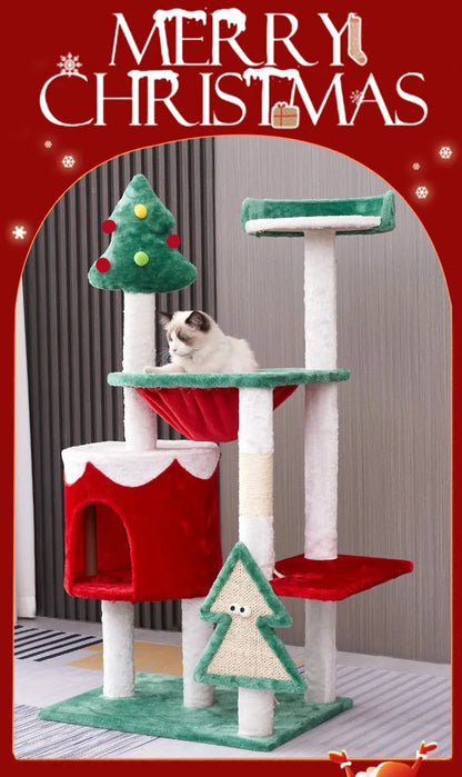 Christmas-themed cat climbing shelf with hammock and scratching post