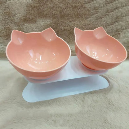 Elevated non-slip cat bowl set with angled dual bowls for food and water