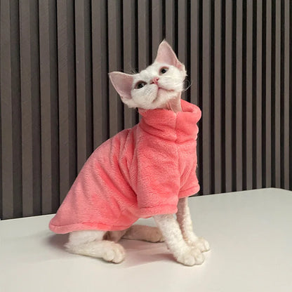 Hairless cat wearing turtleneck fleece winter sweater