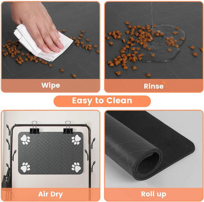Pet feeding mat with waterproof rubber base and absorbent surface for cats and dogs