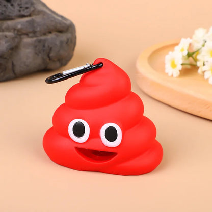 Poop-shaped pet waste bag dispenser clipped to a dog leash