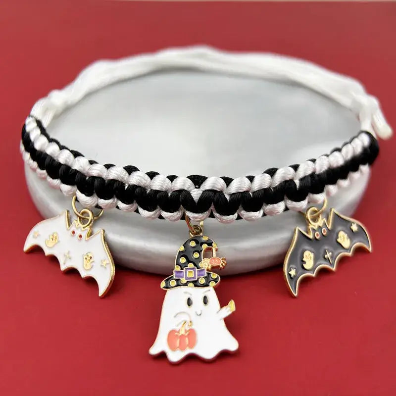 Hand-woven Halloween pet collar with pumpkin pendant for cats and small dogs