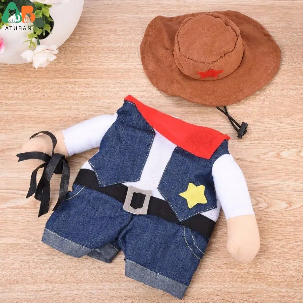 Pet Dog Cat Cowboy Costume with Denim Jacket and Hat – Funny Pet Halloween Costume for Cats and Small Dogs