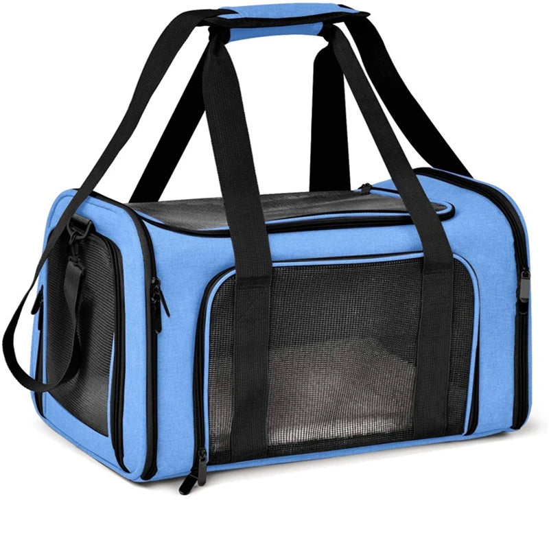 Airline-approved portable cat bag tote with breathable mesh panels, adjustable straps, and foldable design for easy travel and storage.