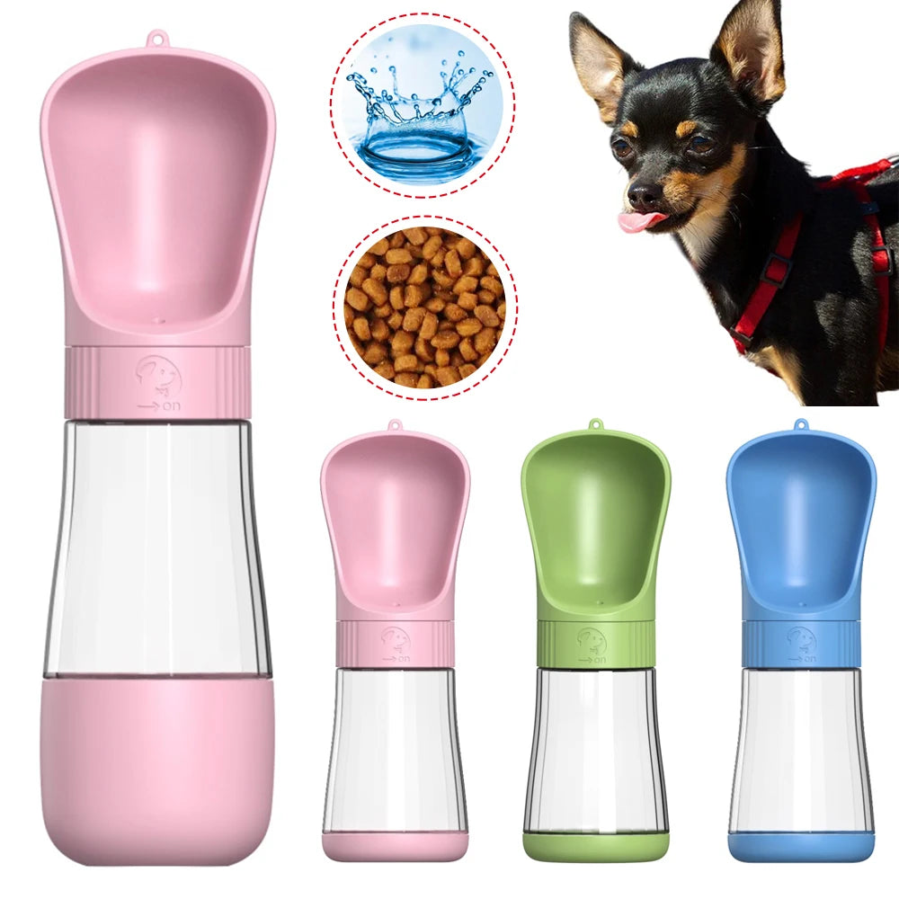 Portable 2 in 1 dog water bottle with food dispenser, perfect for outdoor walks and adventures, ensuring hydration and nutrition for your pet.