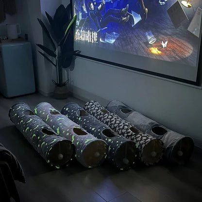 Glow-in-the-dark moon star cat tunnel and plush ball toy set for playful pets