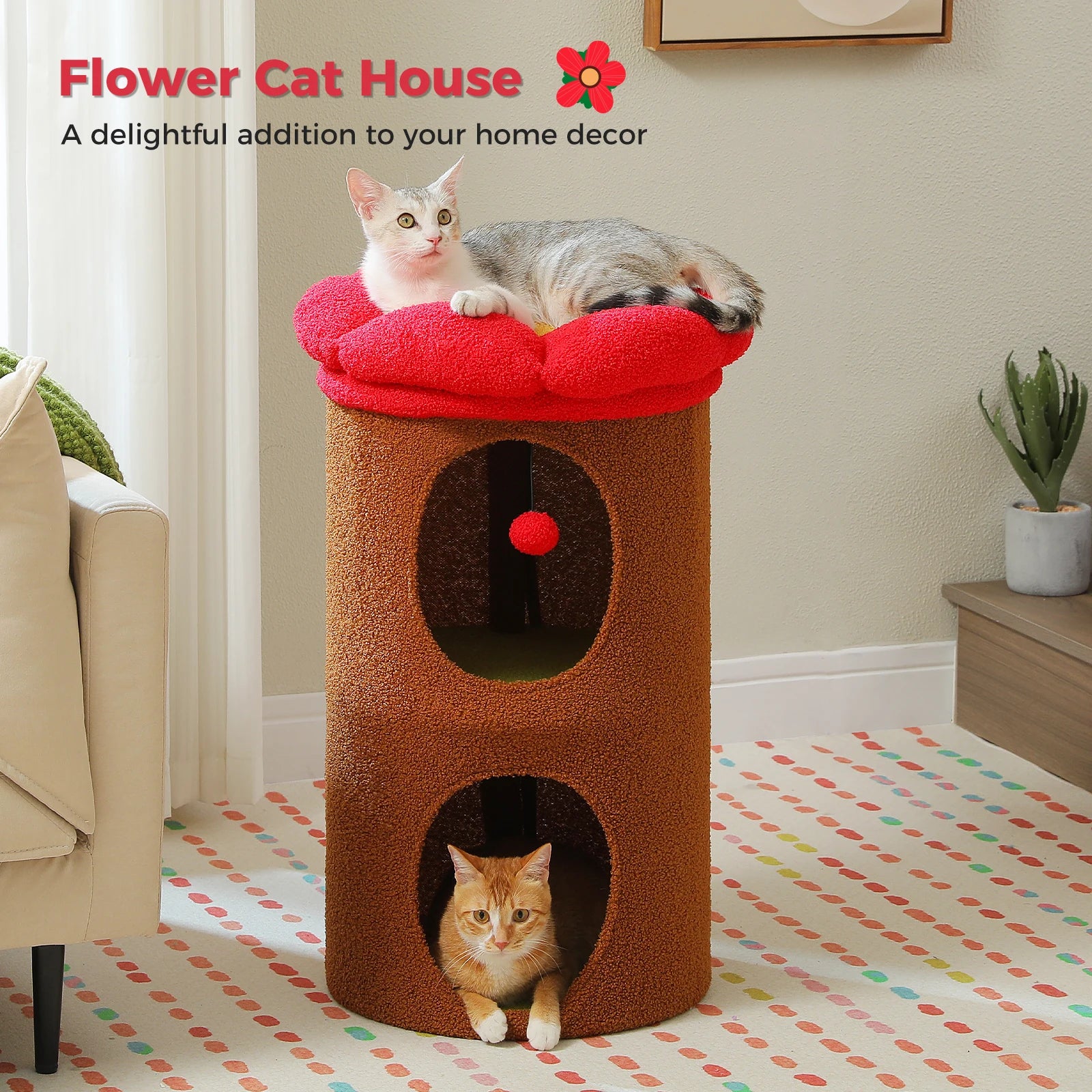 Double-deck cat house with cozy condos, luxury flower perch, and pompom ball for indoor cats.