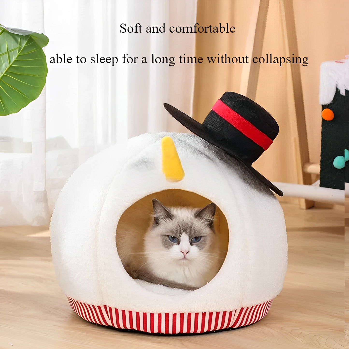 Nid de chat Bonhomme de neige de Noël – Lit semi-fermé douillet pour le confort hivernal