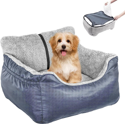 Dog car booster seat for large and medium dogs, featuring secure straps, reinforced oxford fabric, and cozy washable bed for comfortable travel.