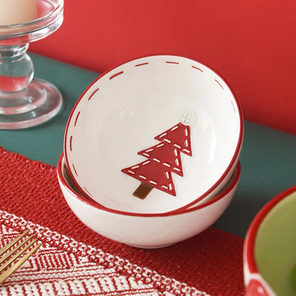 Christmas-themed ceramic pet bowl with Santa Claus, elk, and tree designs, perfect for food or water