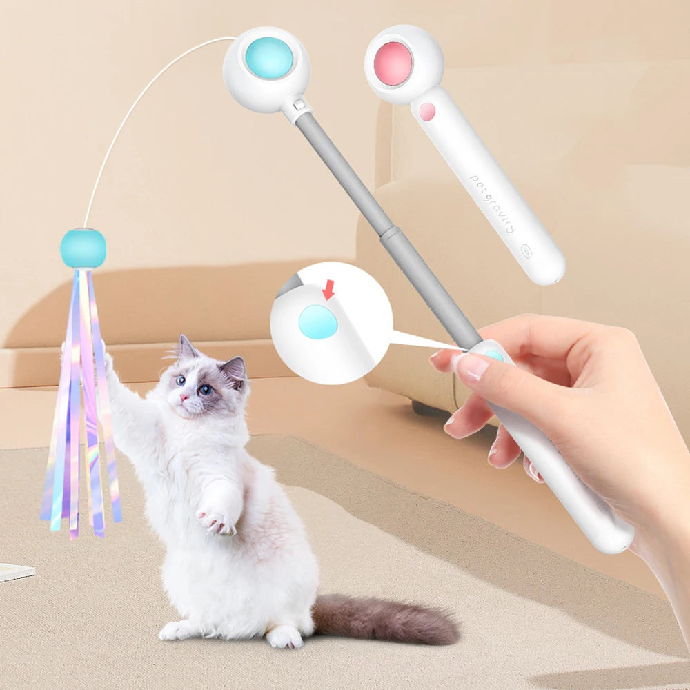 Interactive gravitational cat teaser with laser wand for engaging and safe play, designed for stimulating activity in cats.